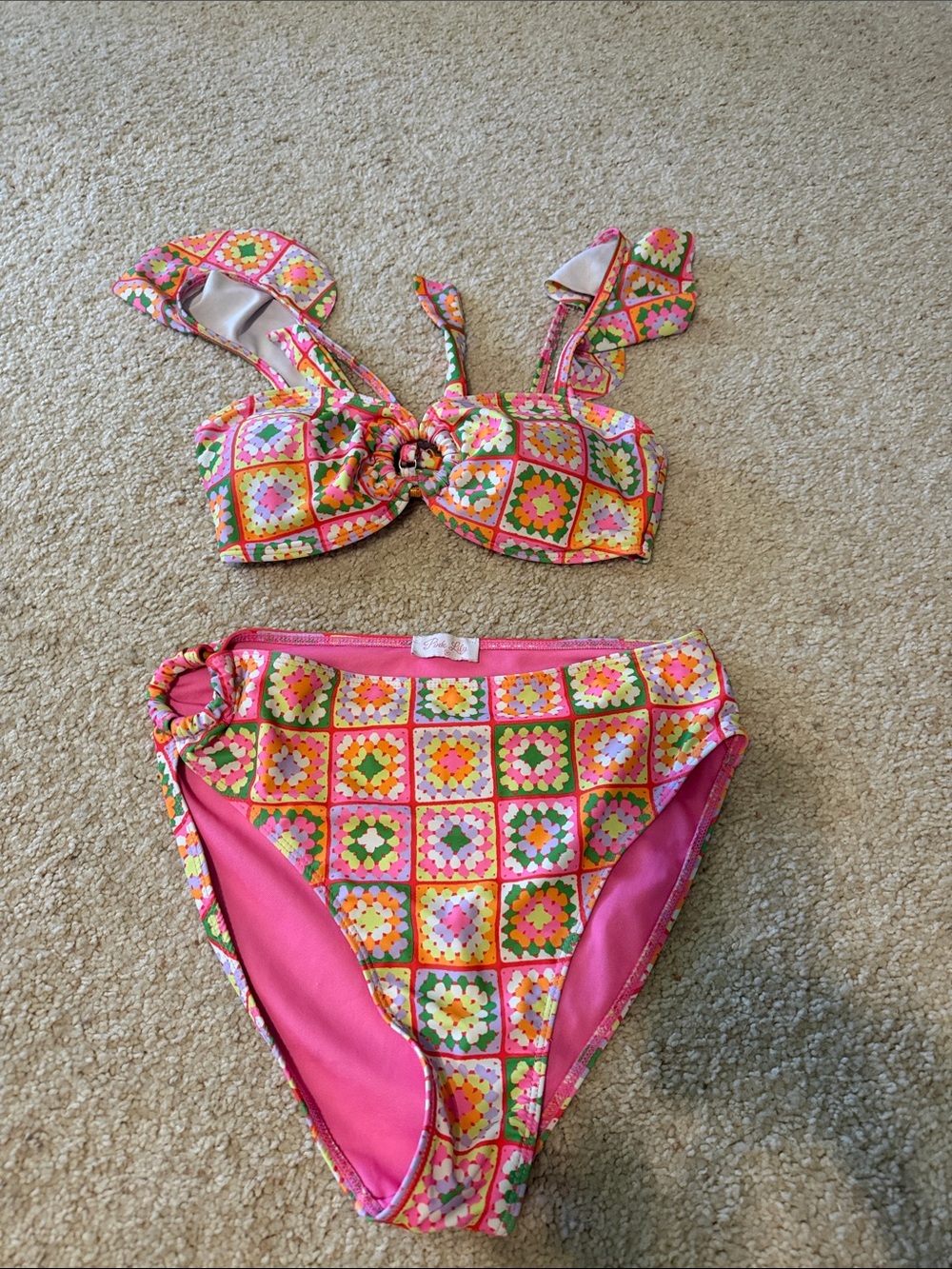 Pink Lily Women's Pink Multi-Color Crochet Print Bikini Set